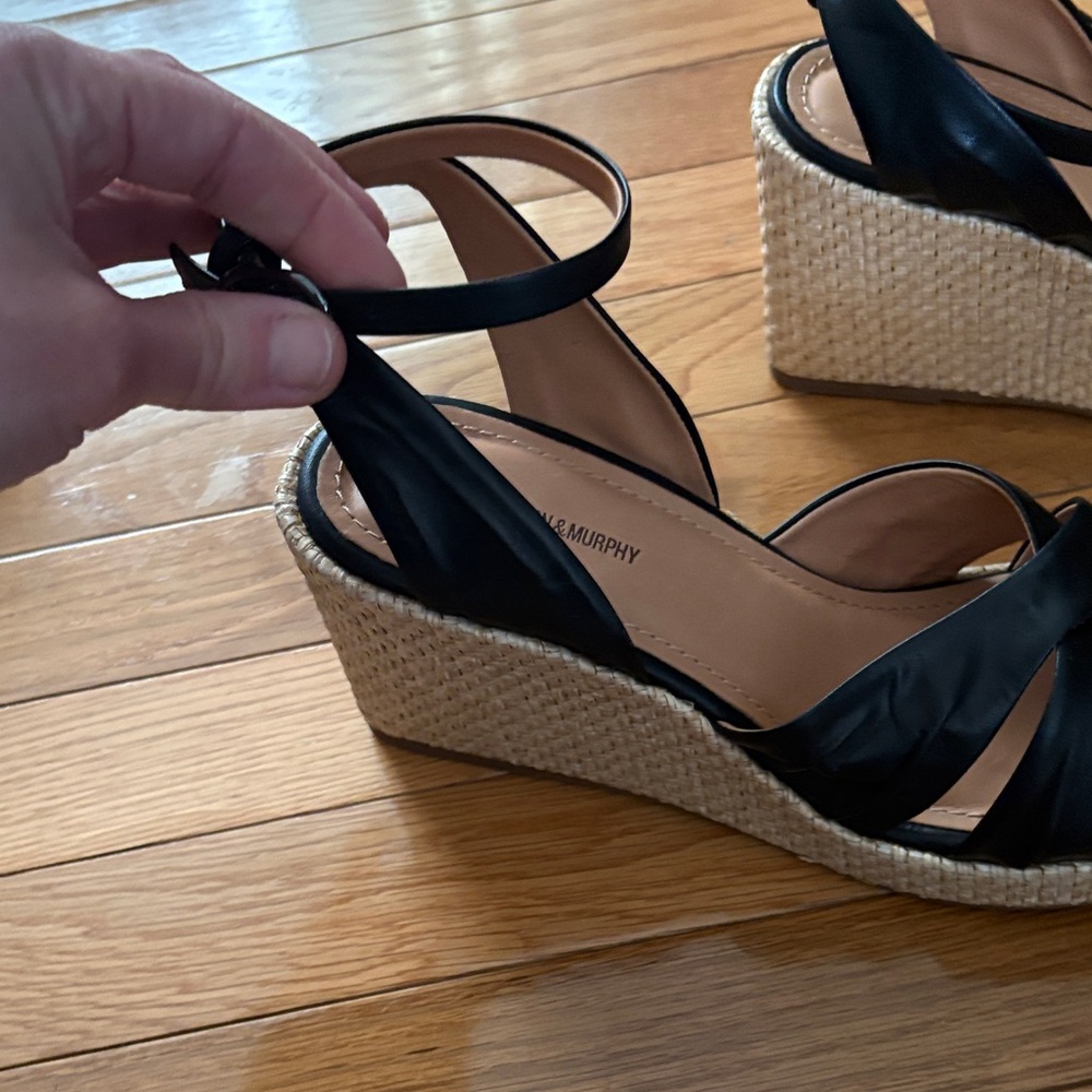 Johnston & Murphy Black Leather Espadrille Wedges with Ankle Strap - Picture 6 of 11